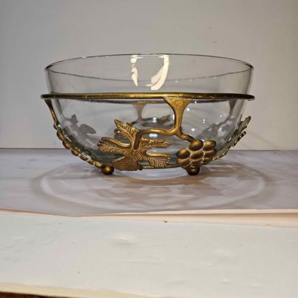 Vintage Ambrosia Glass Bowl with Brass Grape Motif Stand